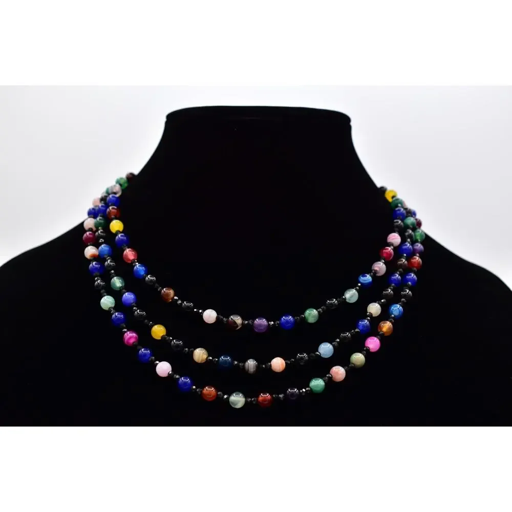 Vintage Multi-Strand Colorful Glass Cabochon Beaded Necklace Crystal 1980s BinAU